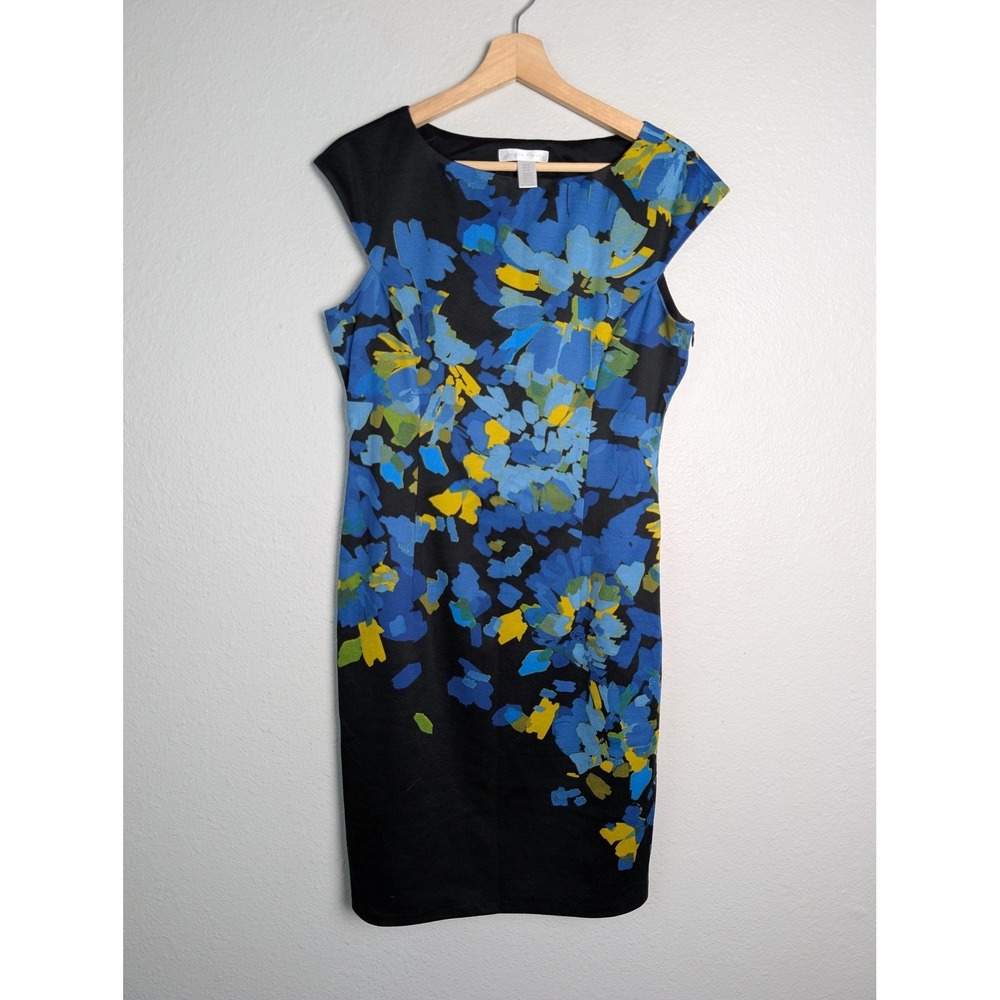 London Times Dress Womens 10 Blue Knee Length Sheath Short Sleeve Floral